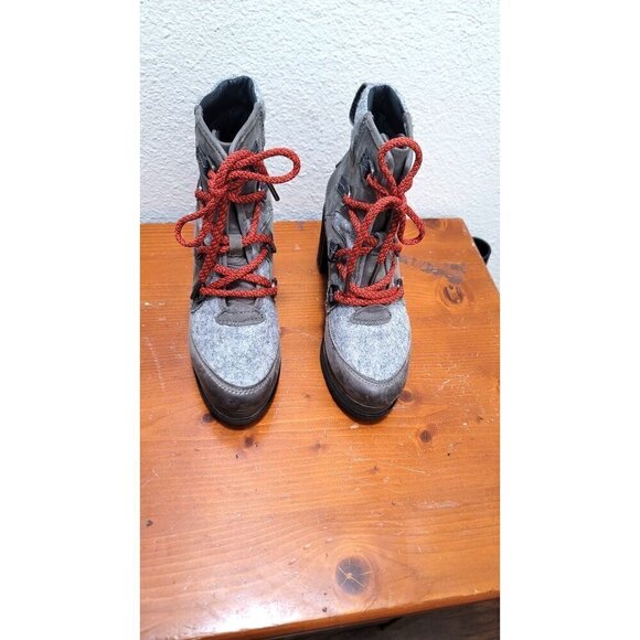 Sorel Block Heeled Pump Waterproof Boots Gray & Red Wool Leather Lace up ankle S - Picture 3 of 14